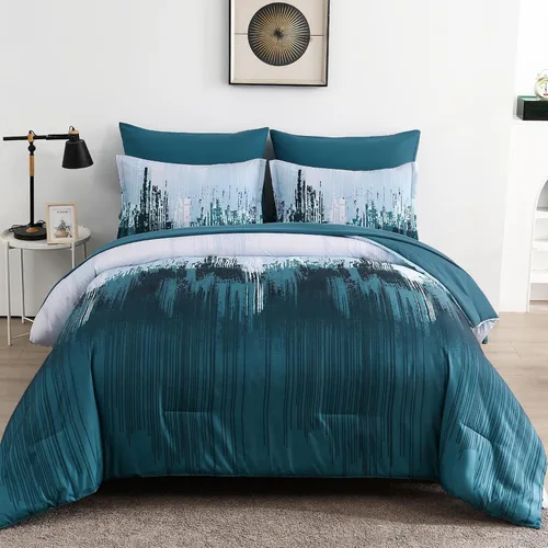 Miniatura 9 de WONGS BEDDING Juego de edredón Queen, Aqua 7 piezas cama en una bolsa arte abstracto colorido degradado juego de ropa de cama de microfibra, 1