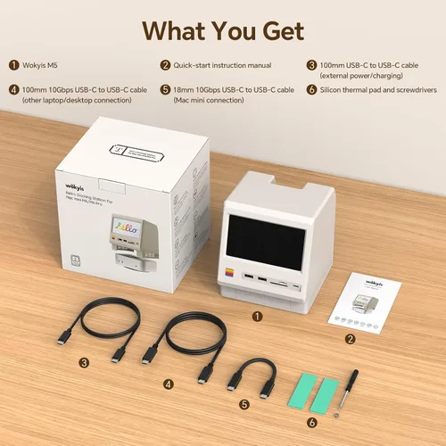 Miniatura 8 de Estación de acoplamiento Wokyis M5 Retro para Mac mini M4, pantalla HD de 5 pulgadas, carcasa SSD M.2 NVMe de 10 Gbps, lector SD/Micro SD 4.0