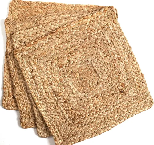 Manteles individuales trenzados de yute: 13 x 13 pulgadas (juego de 4) reversible diseño vintage de granja, 100% material de yute, manteles