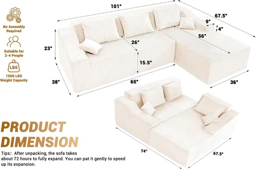 Miniatura 2 de HABUTWAY Sofá modular modular de 101 pulgadas con asiento profundo, moderno sofá convertible en forma de L, sofá tapizado con diván para sala