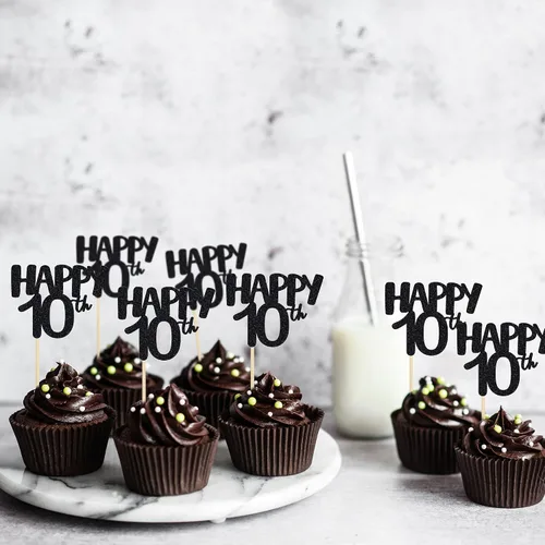Miniatura 5 de Gyufise Paquete de 24 adornos negros para cupcakes con el número 10, para celebrar 10 cumpleaños, bodas, aniversarios, fiestas, suministros