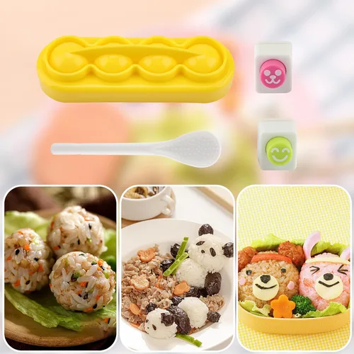 Miniatura 5 de Agatige Moldes de bolas de arroz, mini máquina portátil para hacer bolas de arroz, moldes de sushi con cuchara y cara sonriente, algas marinas Nori