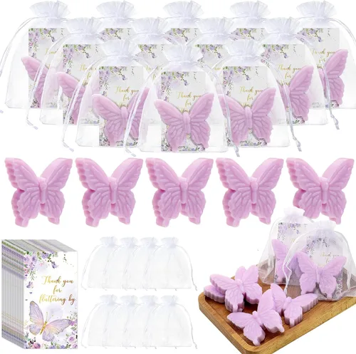 Dunzy Juego de 30 recuerdos de fiesta de bienvenida de bebé con temática de mariposa para invitados, regalos de jabón de mariposa con tarjeta de