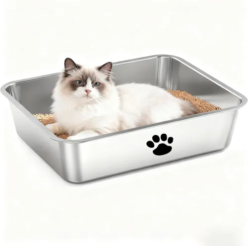 Miniatura 8 de Caja de arena de acero inoxidable para gatos, pequeña bandeja de arena de metal para gatitos, bandeja de arena para interiores, suministros