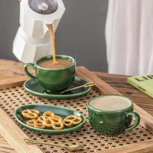 Miniatura 2 de vicrays Tazas de café espresso de cerámica, juego de tazas de café expreso de porcelana de 4 onzas con platillos cucharas y soporte de metal