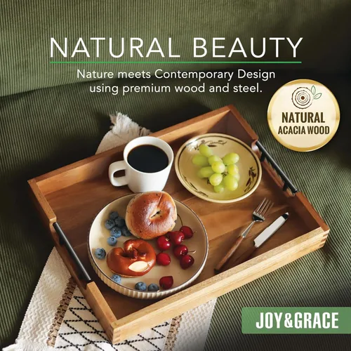 Miniatura 2 de Joy&Grace Bandeja otomana para sala de estar, bandeja grande de madera de acacia con asas para mesa de café, desayuno en la cama, cena de comida