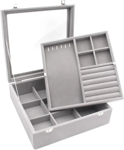 Miniatura 2 de KLOUD City Joyero con tapa de vidrio Caja de joyería de dos capas Organizador Display Storage Case (gris)