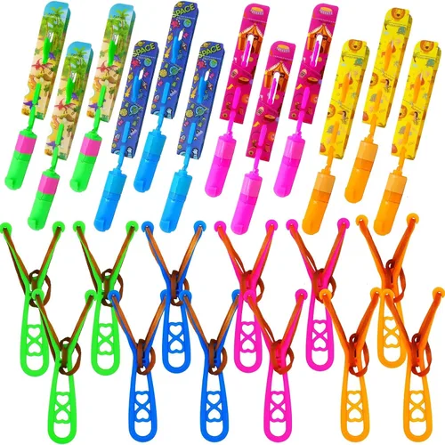 JX Rocket Slingshot - Juguetes voladores con luces LED, 12 helicópteros de flecha LED + 12 lanzadores, juego de verano al aire libre, juguete de