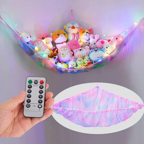 Miniatura 8 de Unicorn Castle Hamaca de red para animales de peluche, almacenamiento de juguetes para niños con luz LED, organizador de juguetes de felpa