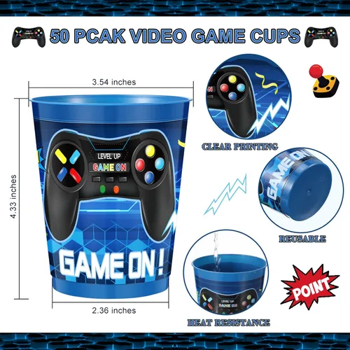 Miniatura 2 de Tanlade Juego de 50 tazas temáticas de videojuegos de 16 onzas, vasos de plástico reutilizables para fiestas de video populares, decoraciones de Azul