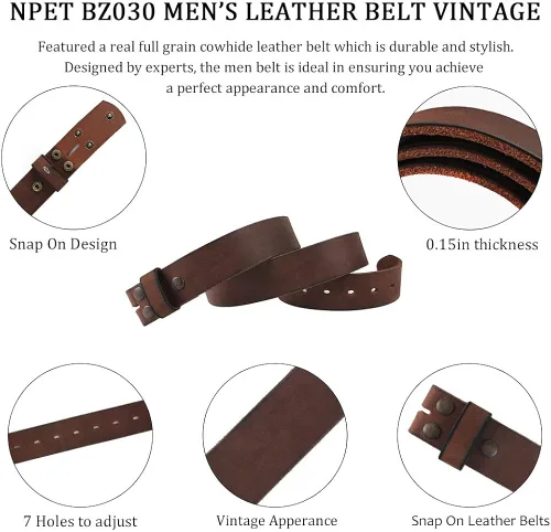 Miniatura 4 de NPET Mens Leather Belt Full Grain Vintage Distressed Style Snap on Strap 1 12" Wide