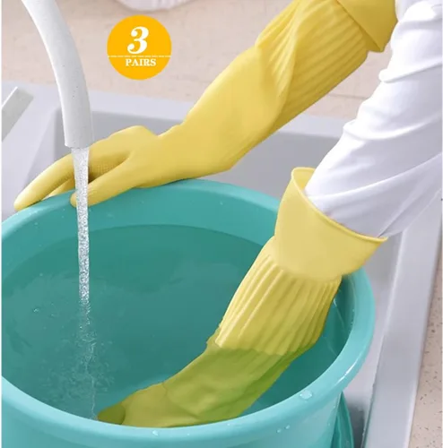 Miniatura 5 de 3 pares de guantes de 17.8 pulgadas de longitud con codo de goma reutilizables, impermeables, para limpieza del hogar y cocina, tamaño pequeño