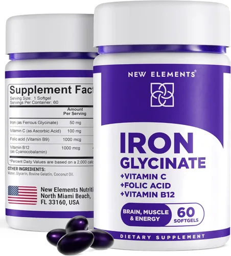 Suplemento de hierro para mujeres y hombres | Glicinato de hierro 50 mg + vitamina C, ácido fólico 1000 mcg, vitamina B12 | Alivio de la anemia,