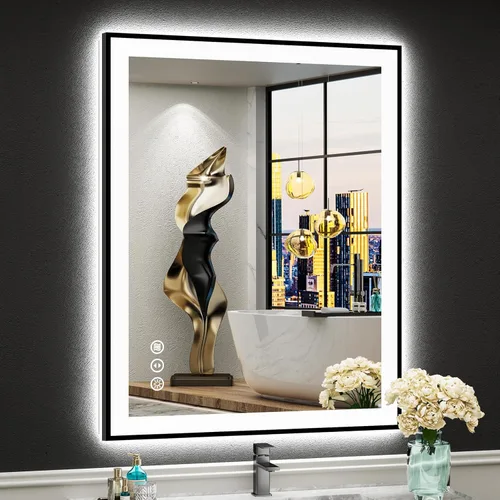 Miniatura 37 de 30x36 Espejo de baño LED con luces, retroiluminado y luz frontal, espejo de tocador iluminado antivaho para pared de baño, 3 colores, regulable