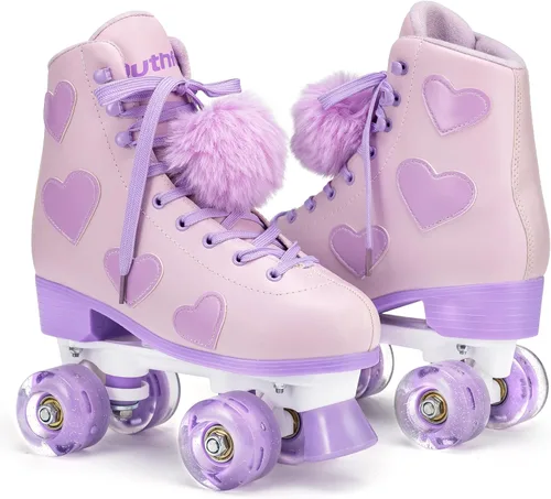 Miniatura 3 de Ruthfot Patines clásicos para mujeres y niñas con ruedas iluminadas y patrón de corazón de amor, patines de cuero PU de caña alta.. Púrpura
