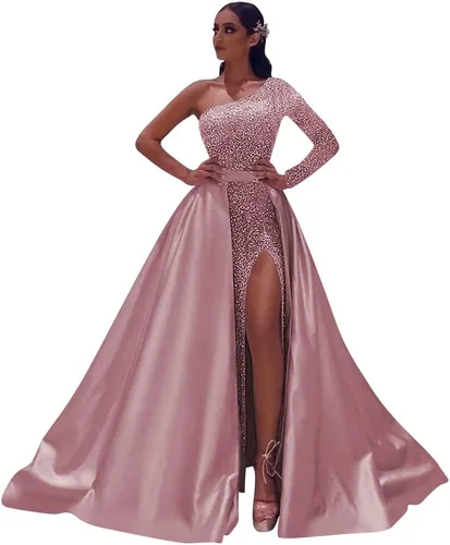 Miniatura 3 de TIRAS Vestidos de fiesta de un hombro para mujer 2023 con abertura en la manga y lentejuelas vestido formal de satén con cola desmontable CM153