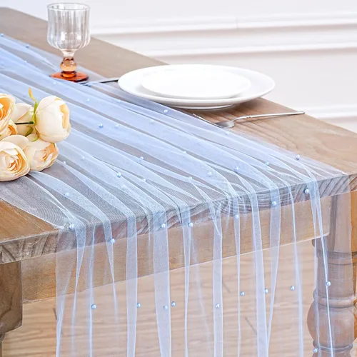 LuoluoHouse Camino de Mesa de Perla para Centros de Mesa de Boda: Camino de Mesa de Perla de 10 pies, Decoración de Mesa de 29x120 Pulgadas de Tul y