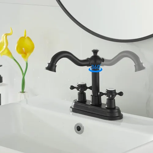 Miniatura 8 de Grifo de baño negro mate con 2 asas de 4 pulgadas, juego central de tocador de baño negro con montaje de drenaje y manguera de suministro grifo