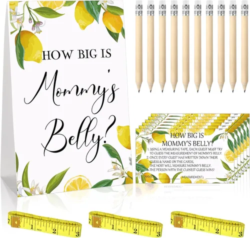 Miniatura 25 de Sabary 64 Piezas Juegos de Baby Shower Incluyen Letrero How Big is Mommy's Belly Sign Measure Bump Game 50 Tarjetas 10 Lápices 3 Cintas Métricas