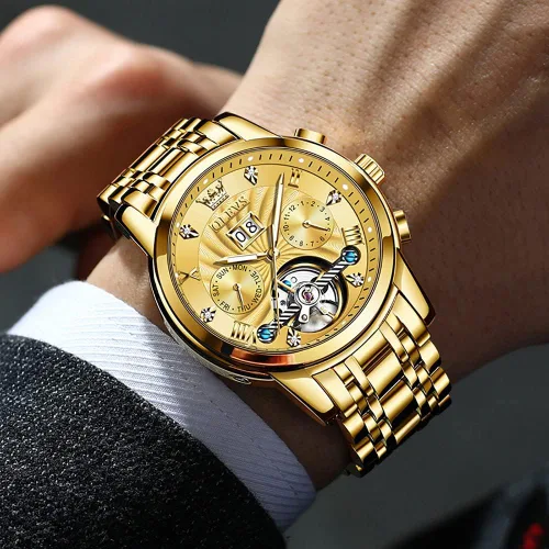 Miniatura 3 de OLEVS - Reloj mecánico automático Tourbillon Slef-Wind lujoso de acero inoxidable resistente al agua luminoso y con fecha