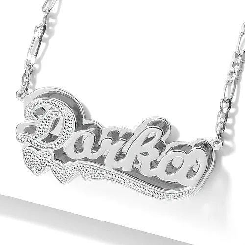 Miniatura 2 de Drawelry Collar con nombre personalizado de dos tonos con placa de oro de 18 quilates, chapado en doble corazón, placa con dije de placa de nombre