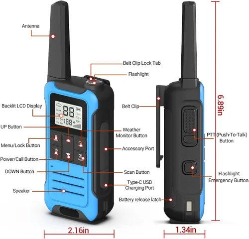 Miniatura 5 de Walkie Talkies de largo alcance para adultos, paquete de 4 unidades recargables Baofeng Walkie Talkie F22 FRS Radio bidireccional 1400mAh batería
