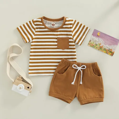 Miniatura 65 de Conjunto de ropa casual de manga corta con botones y pantalones cortos de lino para bebés y niños pequeños