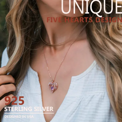 Miniatura 56 de Collar de cristal de 5 corazones, chapado en oro rosa de 18 quilates, colgante con cadena de plata de ley 925 de 18 + 2 pulgadas, joyería de piedra
