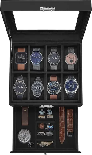 Miniatura 64 de SONGMICS UJWB012 - Caja de reloj de 12 ranuras, caja de reloj con cerradura con tapa de vidrio, 2 capas, con 1 cajón para anillos, pulseras, idea