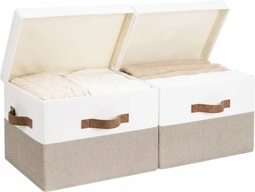 Miniatura 14 de StorageWorks Contenedores de almacenamiento de tela con tapa, cajas de almacenamiento decorativas para estantes, cesta organizadora de armario Beige