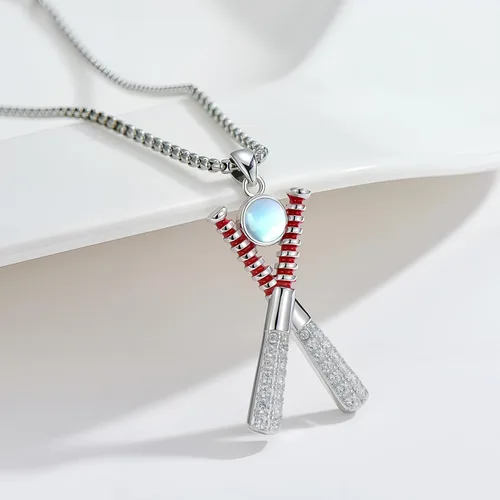 Miniatura 2 de Collar de Béisbol/Golf/Hockey/Tenis Plata de Ley 925 Piedra Lunar Pelota Colgante Deportivo Joyería Regalos de Graduación para Mujeres Novia Mamá