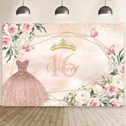 AIBIIN Telón de fondo de cumpleaños de 7 x 5 pies, vestido rosa, floral, corona dorada, puntos con purpurina, decoración de fiesta de cumpleaños,