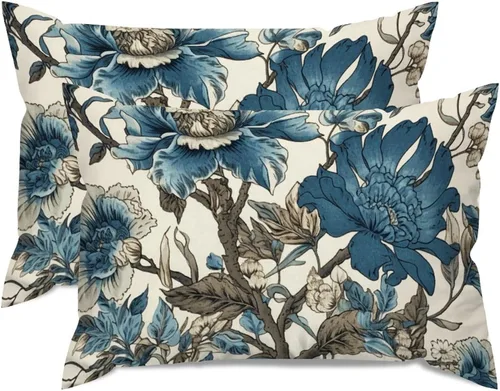 Set of 2 Lumbar Cushion Cover Chinoiserie Hamptons Style Floral Throw Pillow Cover Chinese Style 12x18in Cotton Linen Rustic Square Cushion Cover