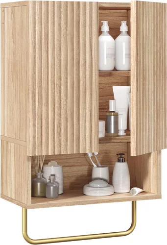 Miniatura 8 de MAHANCRIS Armario de pared para baño, botiquín montado en la pared con toallero y estante ajustable, gabinete de almacenamiento para ahorrar espacio