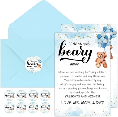 Kisston 50 juegos de tarjetas de agradecimiento para baby shower de oso de 4 x 6 pulgadas, tarjetas de felicitación de oso con 50 sobres y Azul