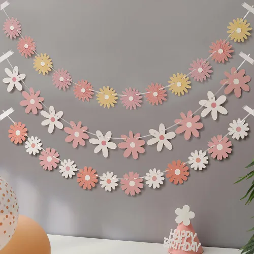 Paquete de 3 pancartas de margaritas rosadas, decoraciones únicas de margaritas florales, guirnalda de margaritas florales, decoración de papel,