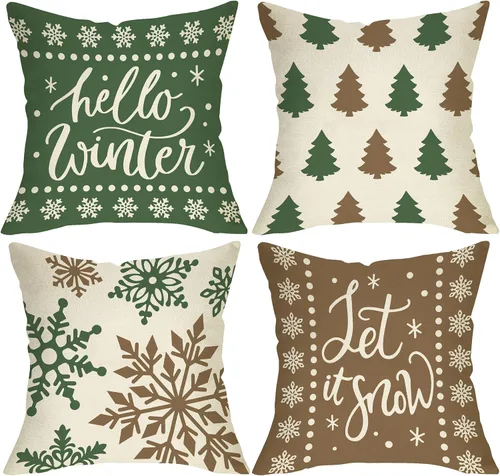 Miniatura 7 de Juego de 4 fundas de almohada decorativas para árbol de Navidad de invierno, 18 x 18 pulgadas, con medias de manoplas, regalos para porche