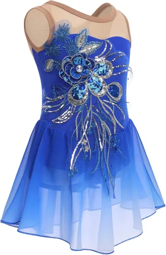 Miniatura 4 de Vestido de patinaje artístico sobre hielo para niñas, lentejuelas brillantes, malla transparente, gasa, ballet, danza, leotardo, trajes de bailarina