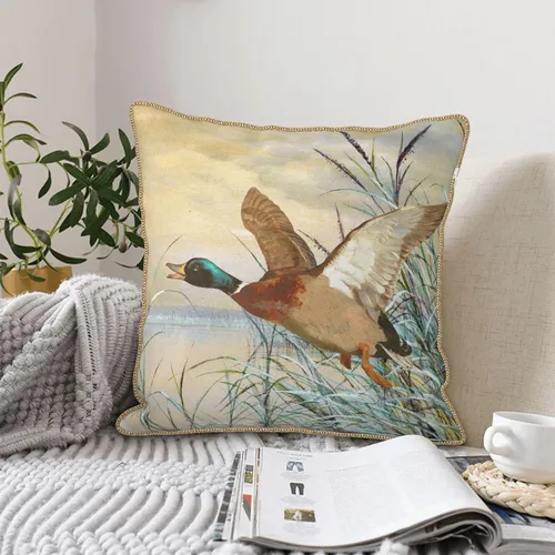Miniatura 6 de Fundas de almohada de terciopelo de lujo con estampado doble de pato mallard con ribete dorado de 18 x 18 pulgadas, fundas de almohada decorativas