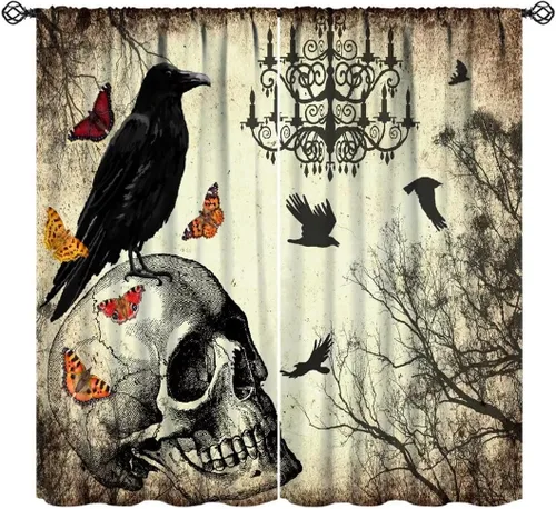 Cortinas de calavera de Halloween, periódico vintage, bosque brumoso, gótico, aterrador, estampado de cuervo negro, aislamiento térmico, tratamiento