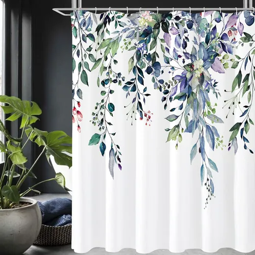 Miniatura 53 de Gibelle - Cortina de ducha de eucalipto marrón, hojas de plantas de acuarela con diseño floral, juego de cortina de ducha con ganchos, 72 x 72