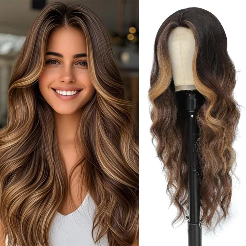 Miniatura 25 de Peluca larga negra ondulada con flequillo para mujer, 26 pulgadas, peluca sintética de aspecto natural de repuesto para uso diario, fiesta, cosplay