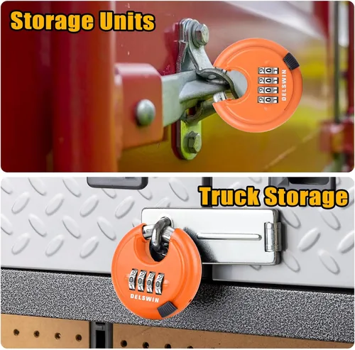 Miniatura 2 de DELSWIN Cerradura de combinación de disco de 4 dígitos para exteriores, candados de combinación resistentes con grillete de acero endurecido Naranja