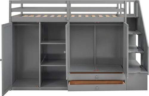 Miniatura 6 de SOFTSEA Cama tipo loft de tamaño individual con escalera de almacenamiento y armario, marco de cama funcional de madera maciza con estantes