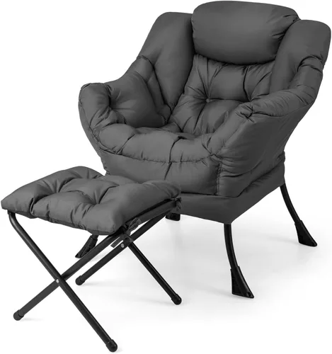 Miniatura 10 de Silla Lazy con otomana, silla decorativa moderna con reposabrazos y bolsillo lateral, sofá tapizado y reposapiés plegable, silla de lectura