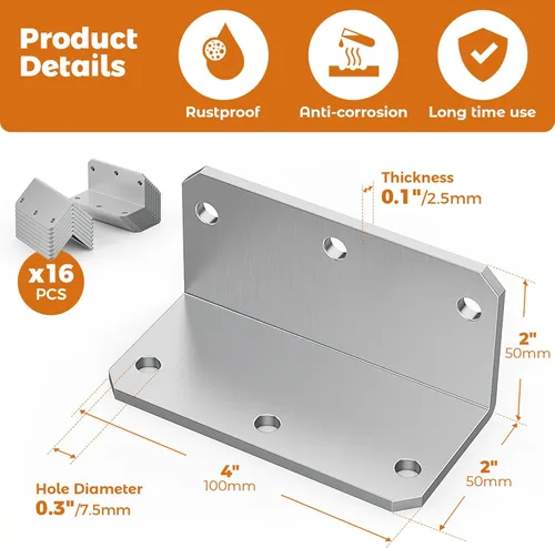 Miniatura 2 de Soportes de Esquina en L de 2x4 para Trabajo Pesado, Hierro Angular con Agujeros, Soporte de Vigueta Galvanizado de 90 Grados, Soporte de Ángulo