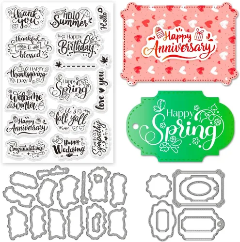 INFUNLY Juego de 3 sellos y troqueles para hacer tarjetas, bendición, palabras, troqueles y sellos, diseño de feliz primavera, sellos transparentes,