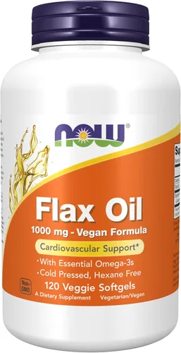 NOW Foods Suplementos, Aceite de Lino 1000 mg con Omega-3 Esenciales, Prensado en Frío, Sin Hexano, Fórmula Vegana, 120 Cápsulas Blandas Vegetales