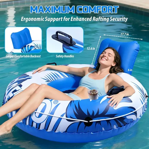 Miniatura 5 de Flotador inflable de tubo de río, flotador de piscina para adultos, tubos de río para flotar resistente con parte inferior de malla, respaldo cómodo