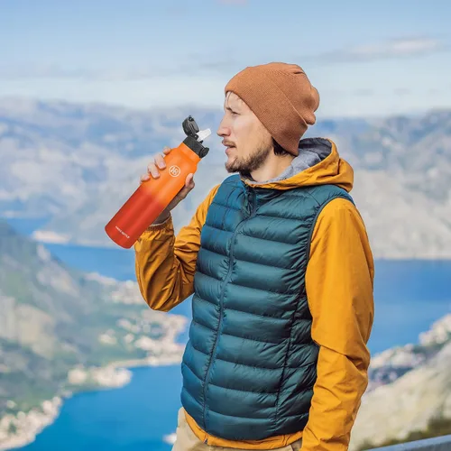Miniatura 7 de Han's Bottle Botella de agua deportiva de 32 onzas, tapa con pajilla, a prueba de fugas, acero inoxidable aislado al vacío, doble pared, taza Fuego